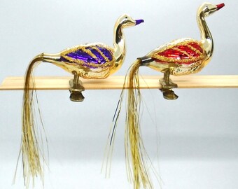 Vintage Pair of 1960-70's Glass Peacock "Clip-On" Christmas Ornaments, Made in West Germany