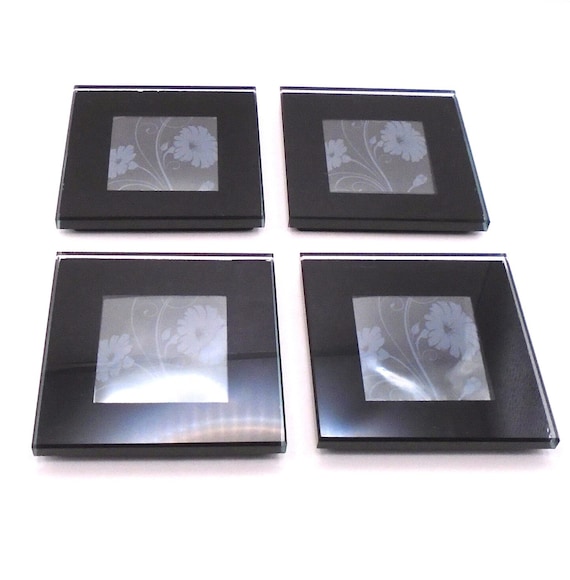 Vintage Sicura Italian Glass Coaster Set: Floral Photo Frame with Wood Caddy