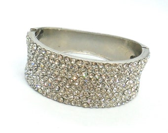 Vintage Silvertone Crystal Wide Hinged Bangle Bracelet