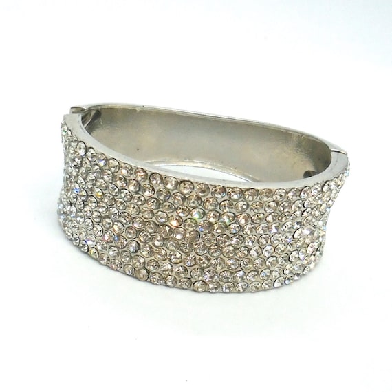 Vintage Silvertone Crystal Wide Hinged Bangle Bracelet