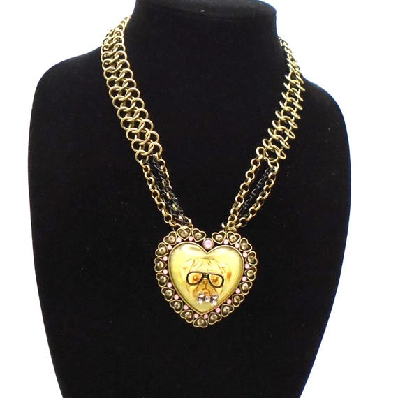 Vintage Betsey Johnson Pug Necklace: Rhinestone Cameo Statement Jewelry