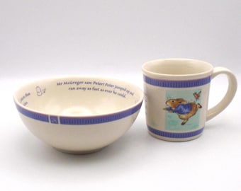Vintage Wedgwood Peter Rabbit 2-Piece Child Set, Mug and Bowl Featuring Illustrations from Beatrix Potter's Peter Rabbit, "New Look" Series