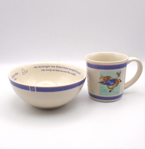 Vintage Wedgwood Peter Rabbit 2-Piece Child Set, Mug and Bowl Featuring Illustrations from Beatrix Potter's Peter Rabbit, "New Look" Series