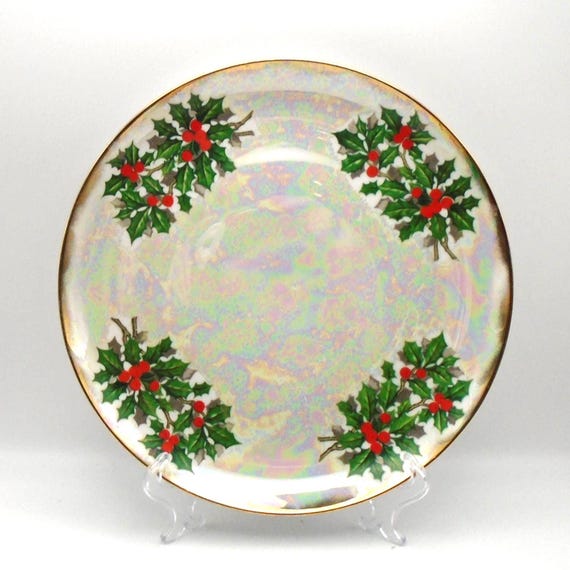 Vintage Ucagco Christmas Holly Berry Lusterware 10" Plate with Gold-Gilt Trim, Circa 1940's-1950's