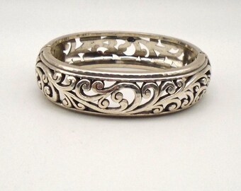 Vintage Brighton Silver-Tone Hinged Bangle Bracelet, Magnetic Close, Reticulated Scroll Design