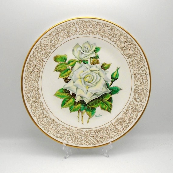 Vintage Boehm White Masterpiece Rose Plate: English Bone China, Gold Trim, 1970s Collector