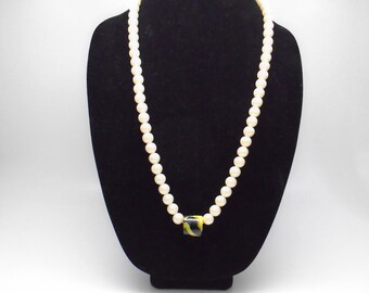 Vintage Alice Caviness Faux Pearl Necklace with Black & Yellow Accent Bead
