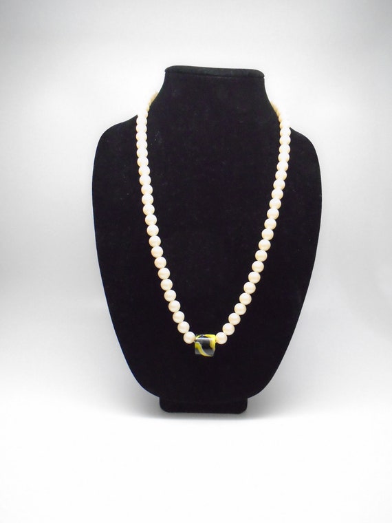Vintage Alice Caviness Faux Pearl Necklace with Black & Yellow Accent Bead