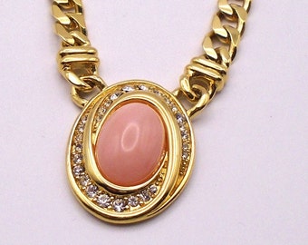 Collier Chaîne Serpent Vintage Trifari - Cabochon Rose - Bijou Occasion Rétro