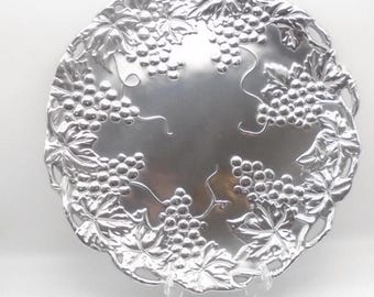 Arthur Court Polished Aluminum Serving Tray with Grape Design, 12" Round Made in USA ,Circa 1995