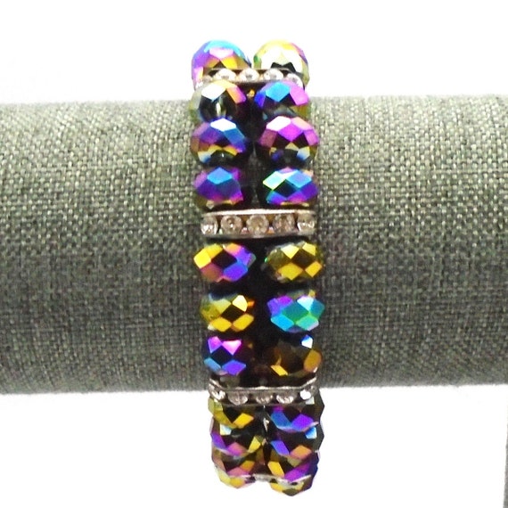 Vintage Aurora Borealis Bracelet: Iridescent Glass Beads, Rhinestone Accents