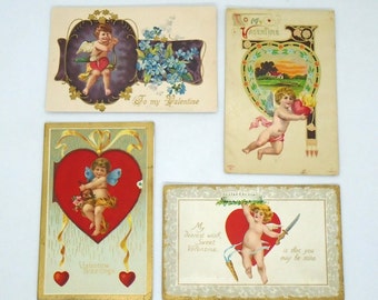 Vintage Set of Four 1910's era Valentine "Cherub/Cupid" Postcards