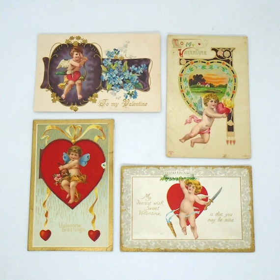 Vintage Set of Four 1910's era Valentine "Cherub/Cupid" Postcards