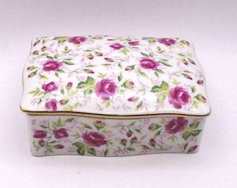 Vintage Lefton Rose Chintz Porcelain Cigarette Box/ Trinket Box With Lid