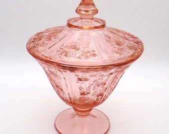 Vintage Pink Depression Glass Pedestal Candy Dish with Lid, Sharon or "Cabbage Rose" pattern, Federal Glass Company, 1935-1939