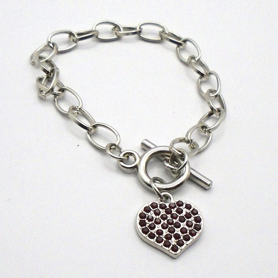 Vintage Silvertone Toggle Bracelet with Crystal Red Heart Trellis Charm