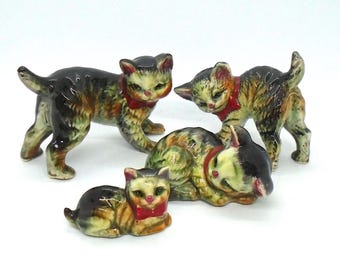 Vintage Ceramic 1950-60's Cat's with Red Bow Ties, Made In Japan