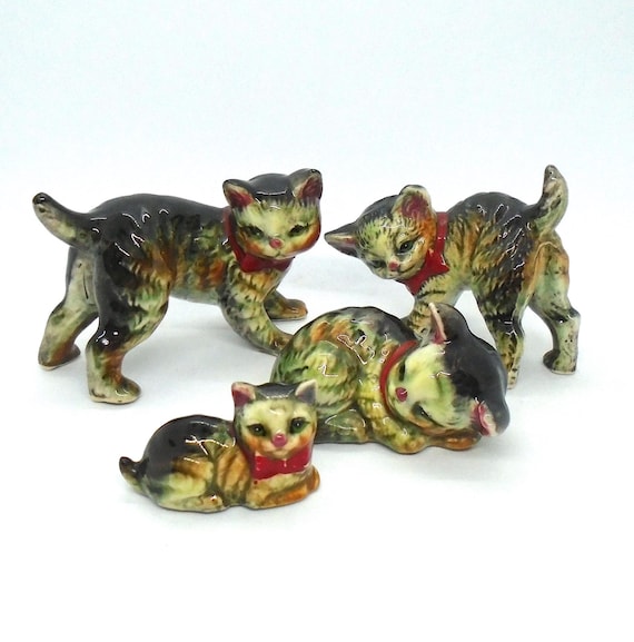 Vintage Ceramic 1950-60's Cat's with Red Bow Ties, Made In Japan