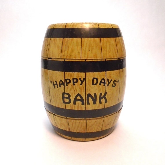 Vintage 1940-50's Happy Days Tin Litho Barrel Bank by J Chein