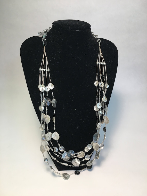 Vintage Bead, Silvertone Disk and Rhinestone Multi-strand Necklace