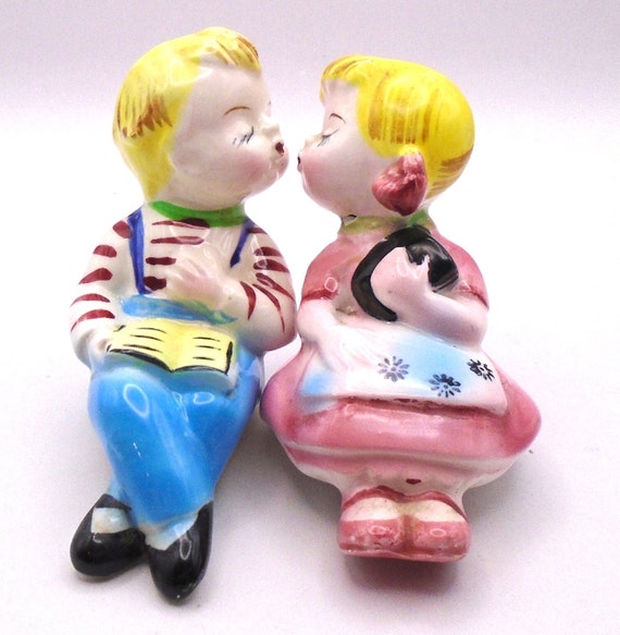 Vintage Kissing Boy and Girl Salt and Pepper Shakers, Made in