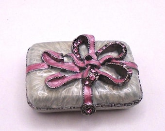 Vintage Enamel and Metal Hinged Trinket Box, Pink Enamel Bow with Pink Stones