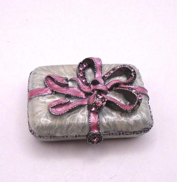 Vintage Enamel Trinket Box: Pink Bow & Stones, Hinged Metal Jewelry Box