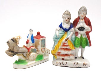 Vintage Porcelain "Colonial Style" Couple and Horse Drawn Carriage Figurines, Made In Occupied Japan