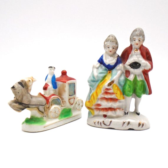 Vintage Porcelain "Colonial Style" Couple and Horse Drawn Carriage Figurines, Made In Occupied Japan