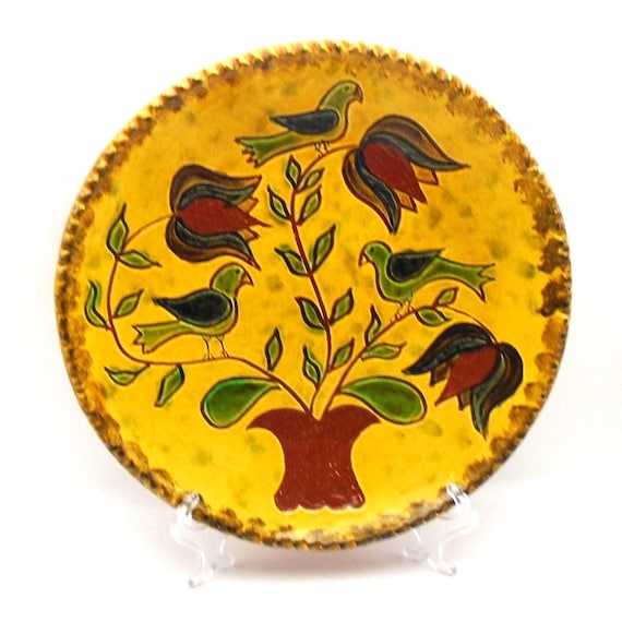 1998 Susan Campbell PA German-Style "Distelfinckes" Glazed Redware Plate, Sgraffito Dove and Tulips