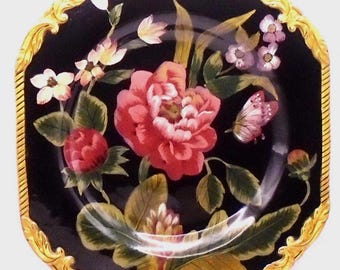 Vintage Raymond Waites "Bali" Platter, Square Serving Tray Black Floral Embossed, 13"