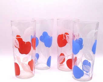 Vintage 1960's Set of 4 Retro Drinking Glasses, Clear Glass with Red and Blue Fruit Designs