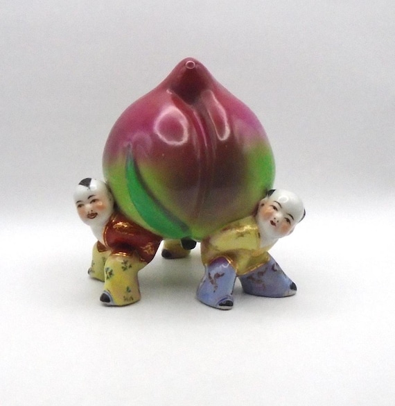 Vintage Longevity Peach Chinese Porcelain Art Figurine, Circa 1950's-1960's