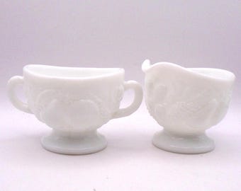 Vintage Westmorland White Milk Glass Sugar and Creamer Fruit Etched Pattern, Circa 1950's -1960's, Made in USA
