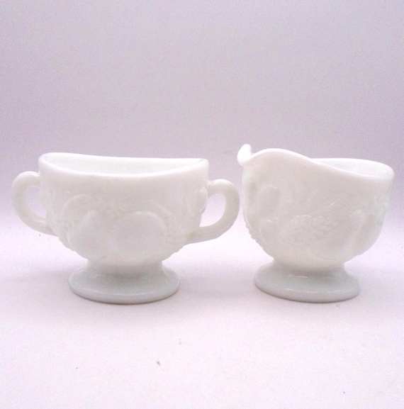 Vintage Westmorland Milk Glass Sugar and Creamer Set: Fruit Etched, 1950s USA