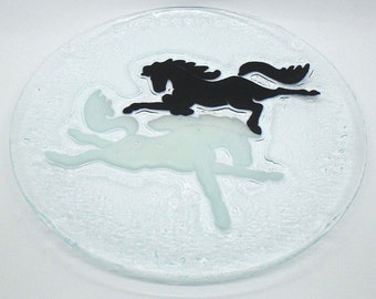 Collectible Mid-Century Fused Glass "Black & White Horses" Plate