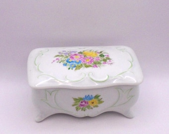 Vintage Limoges France Porcelain Footed Cigarette Box/ Trinket Box with Lid, Pretty floral Pattern, Circa 1940-1950's, Hand-Painted