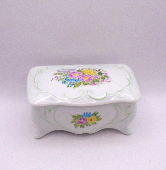 Vintage Limoges Porcelain Trinket Box: Hand-Painted Floral Footed Box, 1940s