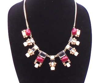 Vintage Elegant Adjustable Statement Necklace, Emerald Cut Glass Cabochon, Red, White, Pink Stones