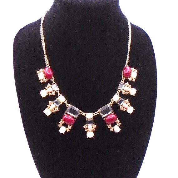 Vintage Elegant Adjustable Statement Necklace, Emerald Cut Glass Cabochon, Red, White, Pink Stones