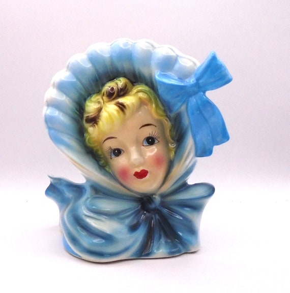 Vintage Lipper & Mann Blue Lady Head Vase: Mid-Century Bonnets and Bows, Japan