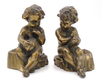 Vintage Cast Metal with gold brass finish "Learning Cherubs" Book and Globe, Bookends/Paper Weights/Pen Holders - Set of 2
