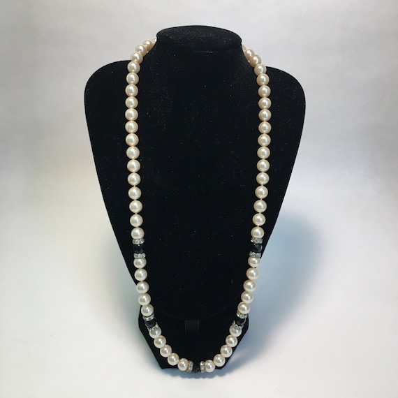 Vintage Faux Pearl, Black Crystal & Rhinestone Necklace