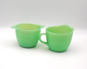 Vintage Fire King Jane Ray Jadeite Glass Sugar Bowl and Creamer Pitcher, Made in USA