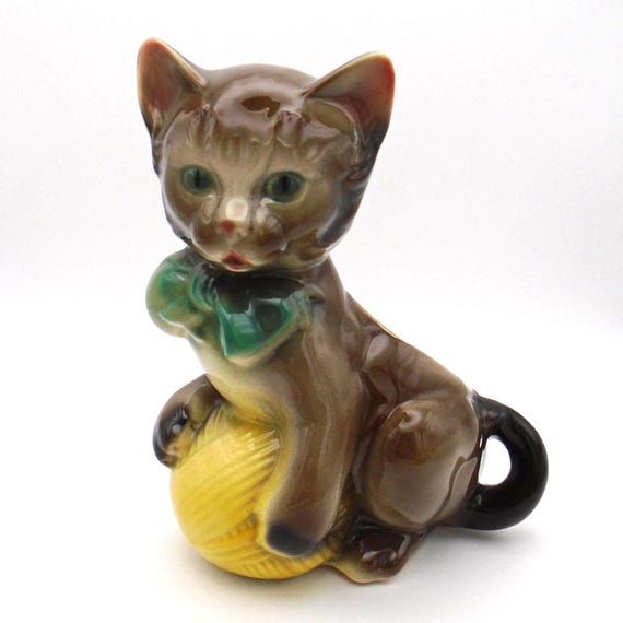 Vintage Royal Copley Cat Planter: 1950s Kitten with Yarn