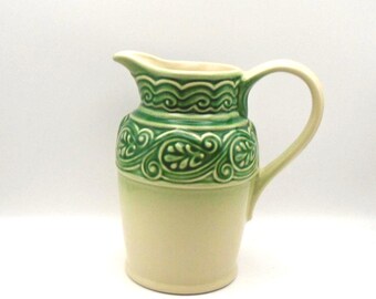 Vintage Longaberger American Craft Pottery Pitcher in Ivy Green and Cream Pitcher - 8-1/8" Tall, Made in USA