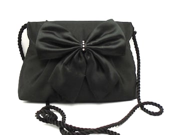 Vintage Black Satin Evening Purse with Bow and Rhinestone Clasp, Circa 1960's