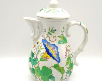 Seymour Mann "Morning Glory" Teapot, Modeled After an Original Watercolor by Eda, Pink and Blue Flowers with Green Leaves, Rare Find