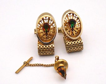 Vintage Goldtone Cuff Links and Tie Tack, Faux Topaz, 1970s Style