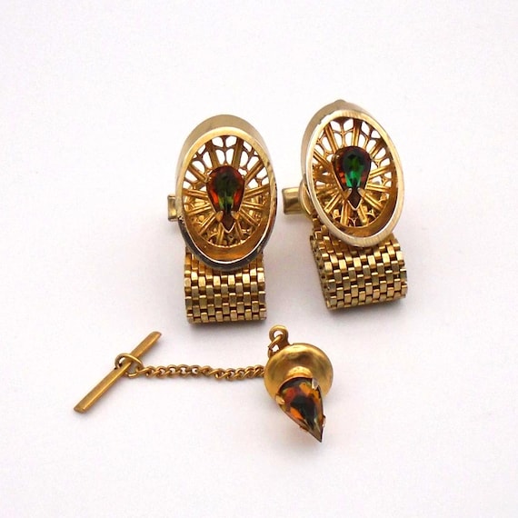 Vintage Goldtone Cuff Links and Tie Tack, Faux Topaz, 1970s Style